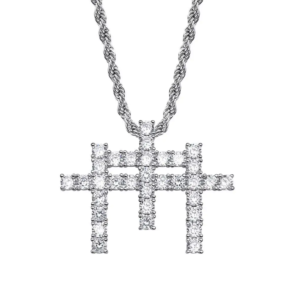 Tanie Hip Hop AAA CZ kamienia betonowa Bling Iced Out M kształt 3 krzyż wisiorki naszyjnik dla mężczyzn Hip Hop raper biżuteria złoty kolor