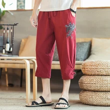 Лето, тонкие, свободные, вышитые, укороченные, тренд, китайский стиль, мужские, льняные, для отдыха, пляжные, мужские, хип-хоп, серые