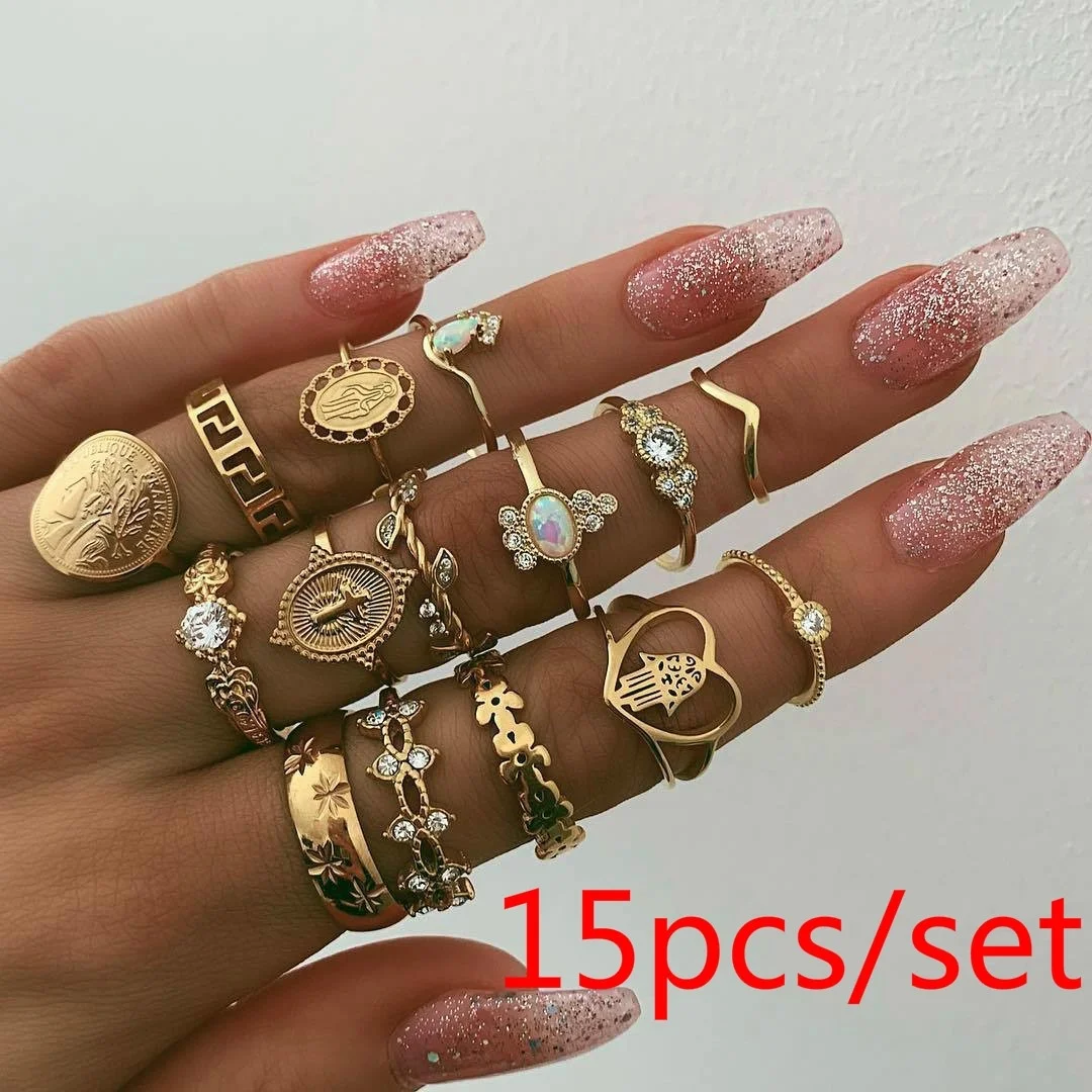 

FEECOLOR 15pcs/set Retro Beauty Avatar Gold Coin Cross Ring Set Pattern Love Fatima Palm Ring Ring Set for Women