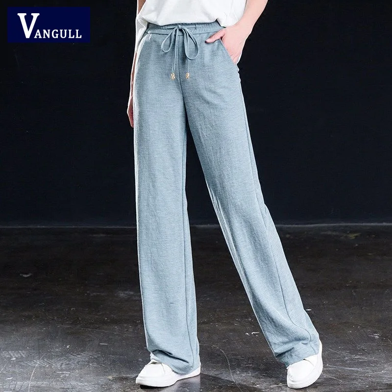 

VANGULL Women High Waist Hanging Wide Leg Pants 2019 Summer Female Loose Large size Solid Elastic Straight Thin Casual Pants