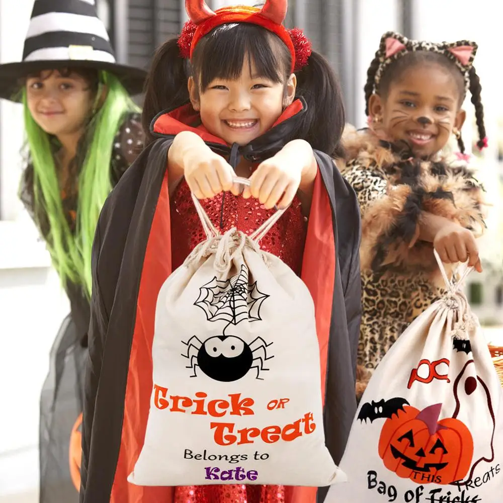 

OurWarm 36x44cm Halloween Trick or Treat Bag for Kids Spider Pumpkin Canvas Candy Bags Drawstring Gift Sack Halloween Decoration