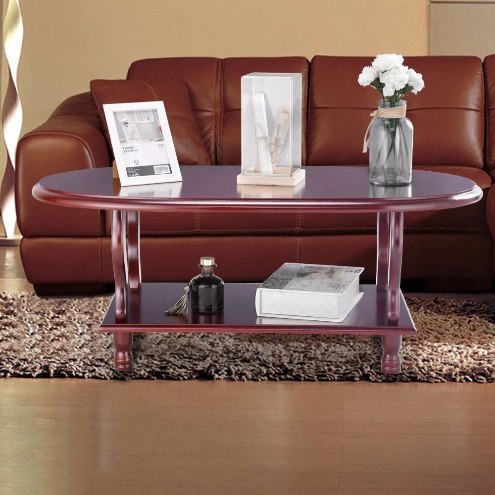 Giantex Coffee Oval Table Classic 2 Tier Design Lower Shelf End Accent Table Living Room Furniture HW57879