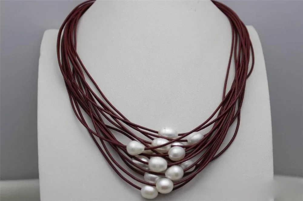

Hot sale new Style >>>>>white freshwater pearls 15strands red leather necklace 19-23INCH Alloy"Handmade