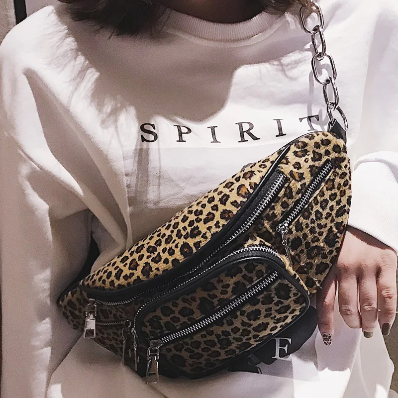 

UKQLING Leopard Pattern Women Waist Bag Flannel Material Fanny Pack Over Shoulder Chest Bag Winter Women's Belt Bag Cross Body