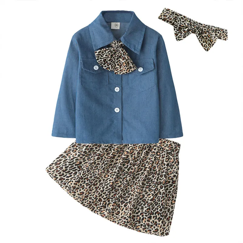 Комплекты одежды для детей; костюм из 3 предметов; милые летние джинсовые топы для маленьких девочек+ леопардовая юбка-брюки; одежда