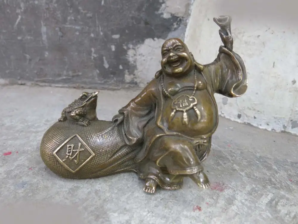 

DS China brass carved Toad fund sources buddhism happy Maitreya Buddha Statue