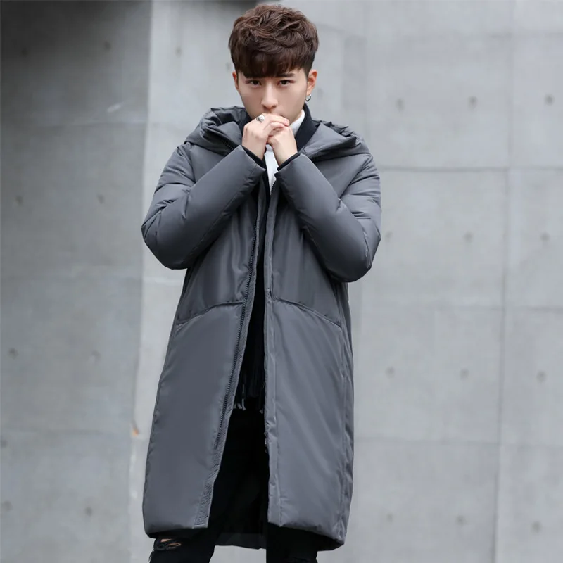 Модная парка, пальто, мужская зимняя куртка, мужские утепленные куртки на белом утином пуху, длинный плащ, пуховик размера плюс до XXXL - Цвет: Серый