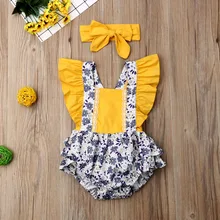 Pudcoco Одежда для новорожденных девочек с рукавами-крылышками и рюшами Цветочный принт Детский комбинезон с повязкой-бантом, комплект из 2 предметов, летняя одежда для детей