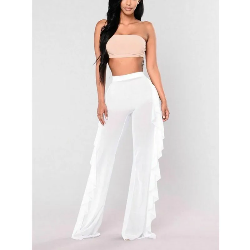 

Sexy Ruffle Women Beach Mesh Pants Sheer Wide Leg Pants Transparent See through Sea Holiday Cover Up Bikini Trouser Pantalon W3