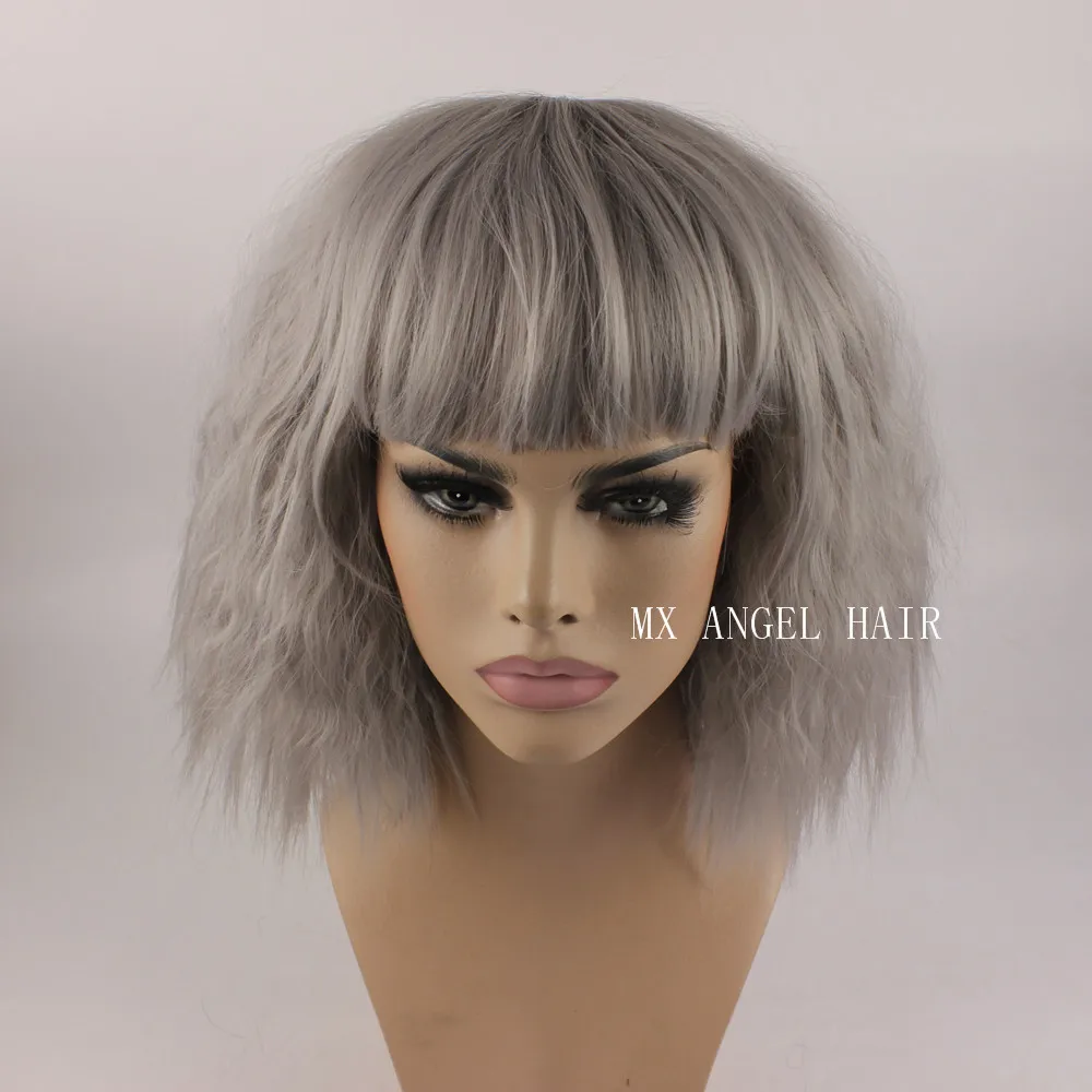 KA Beautiful Curly Medium Long Grey Synthetic No Lace Hair Wigs Heat Resistant Heavy Density Women Neat Bang Wigs