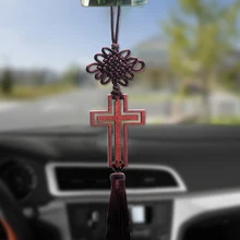 Car Rearview Mirror Hanging Ornaments Christian Wood Cross Decoration Jesus Christ Hollow Cross Tassel Auto Interior Accessories