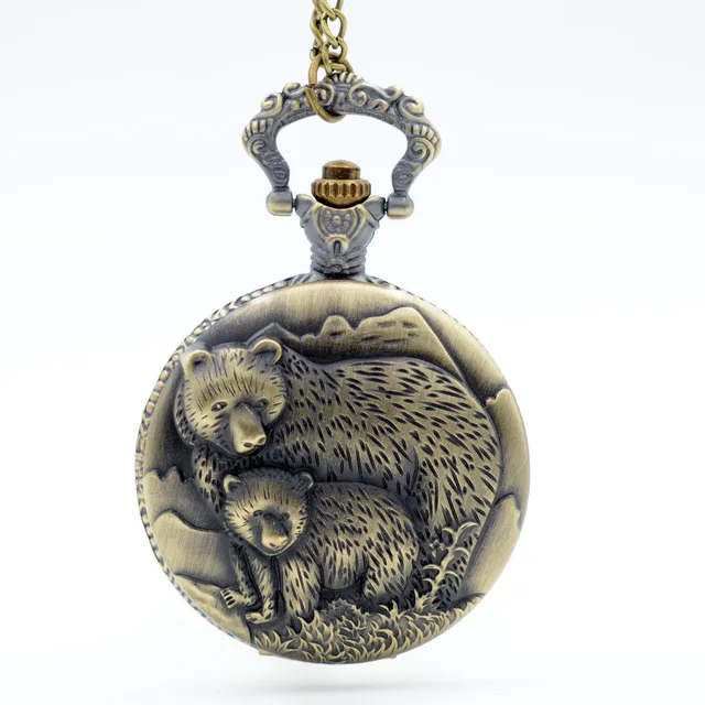 Retro Vintage Bronze Bear Coon Quartz Pocket Watch Analog Pendant Necklace Men W Retro Vintage Bronze Bear Coon Quartz Pocket Watch Analog Pendant Necklace Men W