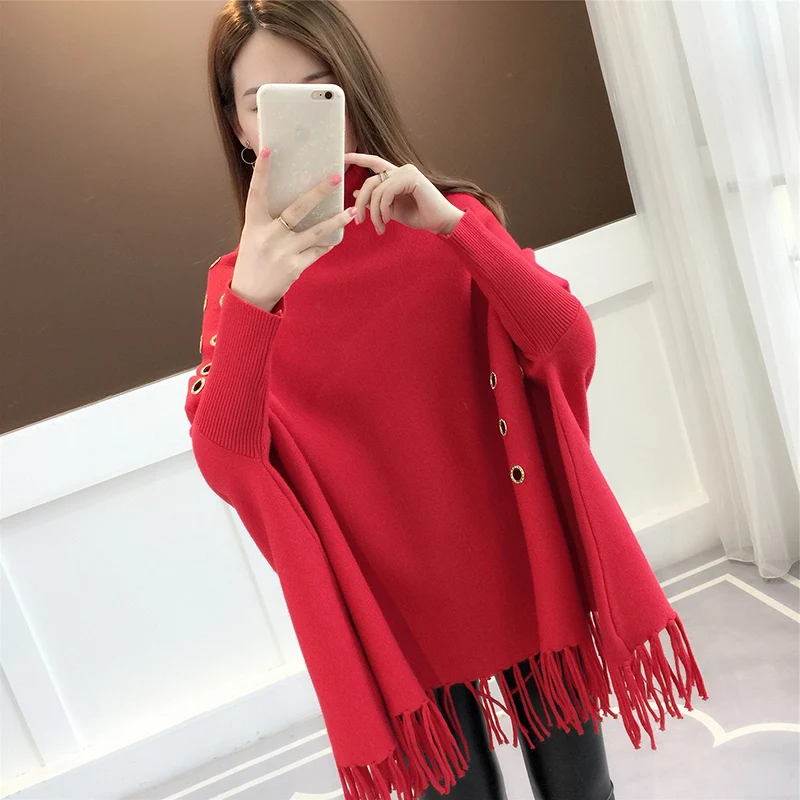 

bat sleeve loose tassel sweater high collar cloak coat 2019 autumn winter new Long sleeve Keep warm sweater women wearing shawl