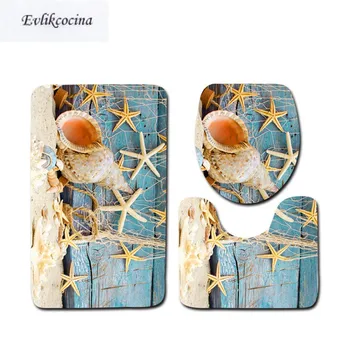 

Free Shipping 3 pcs Conch Starfish Ocean Bath Mats Anti Slip Bathroom Mat Set Tapete Banheiro Washable Toilet Rugs Alfombra Bano
