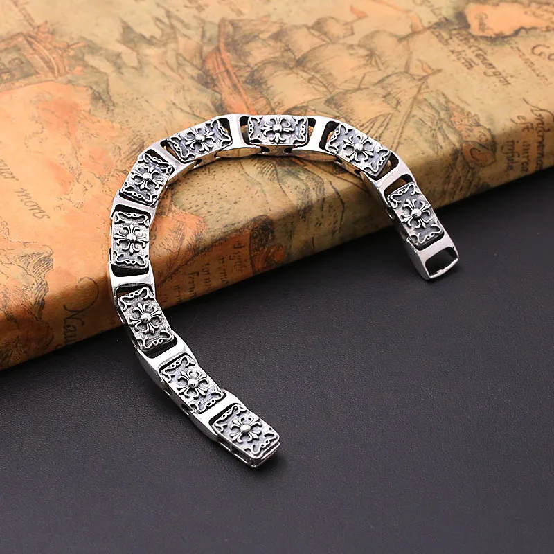 

S925 Sterling Silver Jewelry Personality men's Fashion New Silver Punk Trend Cross Pattern Bracelet&Bracelet Homme