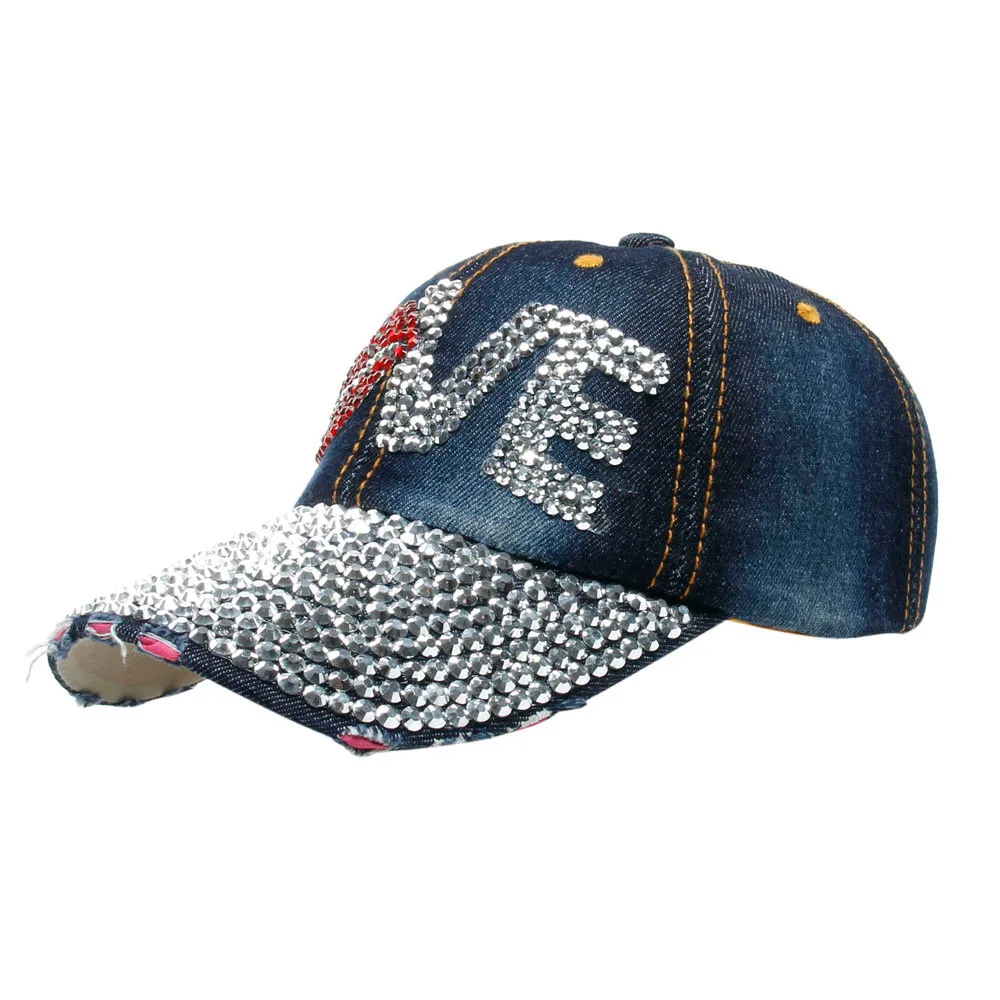 

2019 New Fashion Trend Women Men LOVE Denim Rhinestone Outdoor Baseball Caps Snapback Hip Hop Flat Hat Baseball Hat For Summer