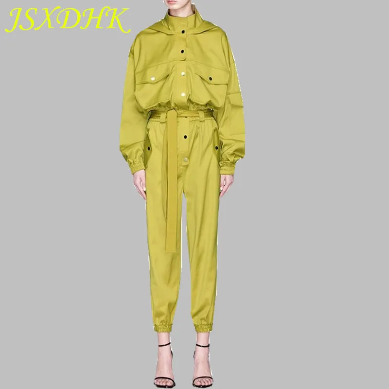 

JSXDHK New 2019 Runway Spring Yellow Pockets Hooded Jumpsuit Women High Waist Female Overalls Casual Loose Trousers Jumpsuit