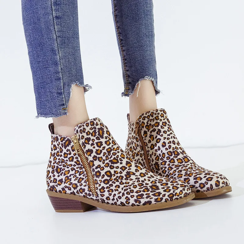 

Leopard leather Flock ankle women boots retro fashion side zipper Martin boots women shoes low Heels feminina botines mujer 2018