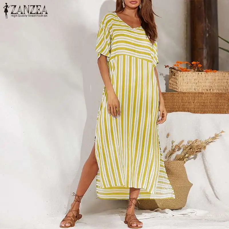 2019 Summer ZANZEA Women Sundress Striped Print Dress Ladies Long Maxi Dresses Beach Vestidos Tunic Robe Femme Party Dresses 5XL