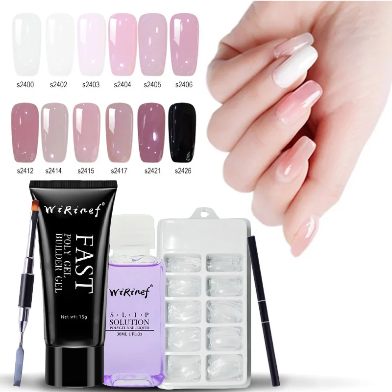 

WiRinef 12colors Poly Gel Set 15g UV Fast Builder Gel 30ml Slip Solution Nail Form Nail Dual Use Brush Gel Nail Polish Kit