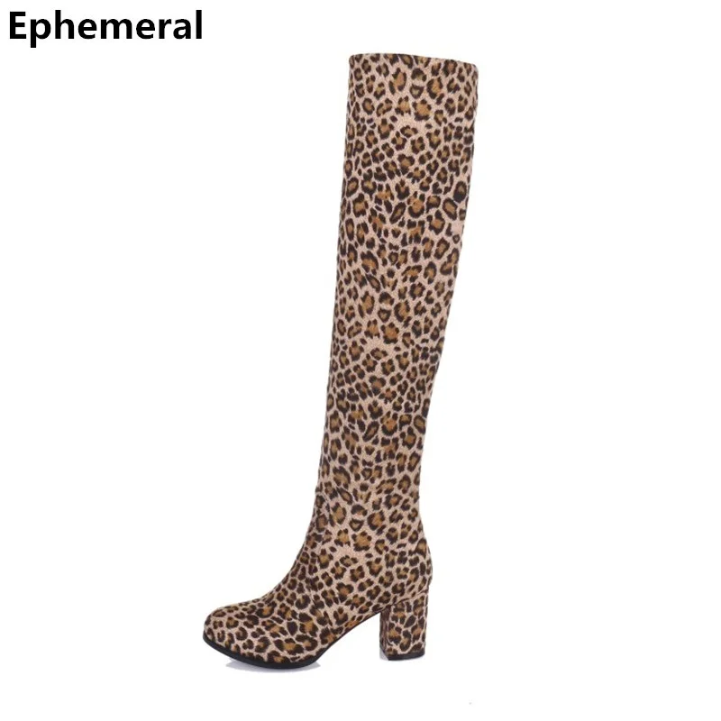 

Ladies Leopard Printed Knee Boots Long Slip-ons Round Toe Flock Shoes Short Plush Winter Botas High Heels Square Plus Size 43 34