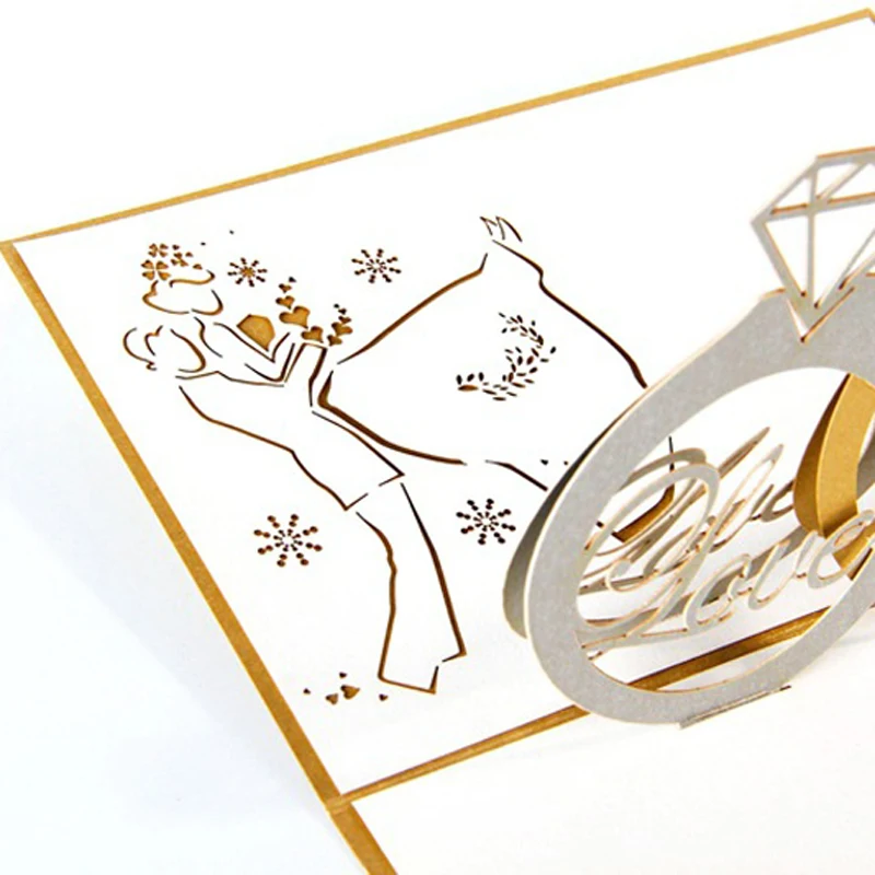 (10 шт./лот) золотые парные кольца с бриллиантом Свадебная открытка ручной работы 3D