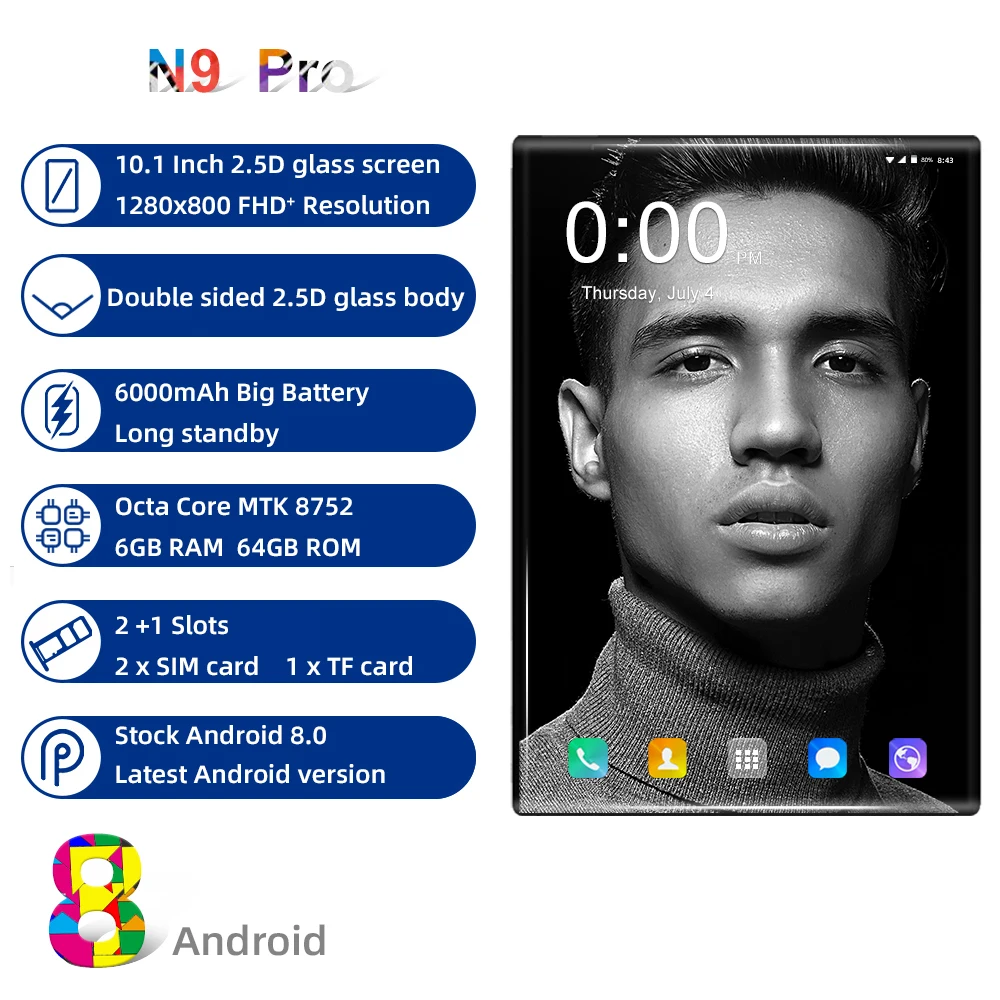 N9 новинка, 10 дюймов, 4G LTE планшетный ПК Octa Core 6 ГБ Оперативная память 64 Гб Встроенная память 1280*800 ips 2.5D закаленное Стекло 10,1 Android 8,0 Планшеты+ подарки
