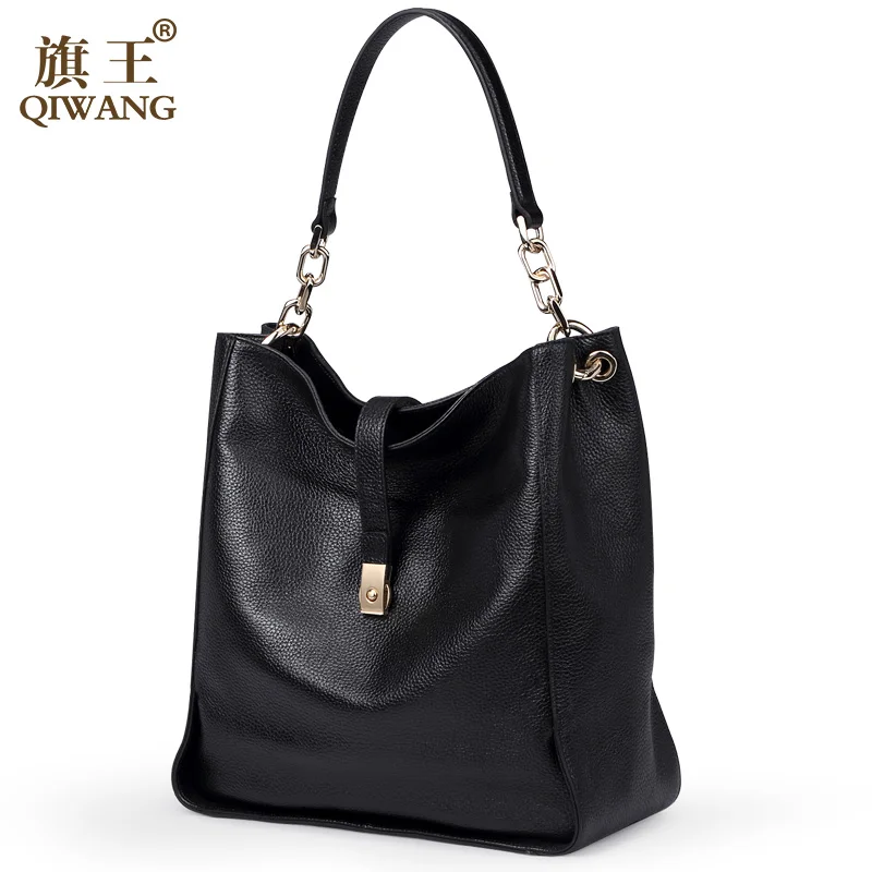 Qiwang Black SOFT Genuine Leather Women HOBO Bag Leather Gold Logo Shoulder Work Handbag C Women ...