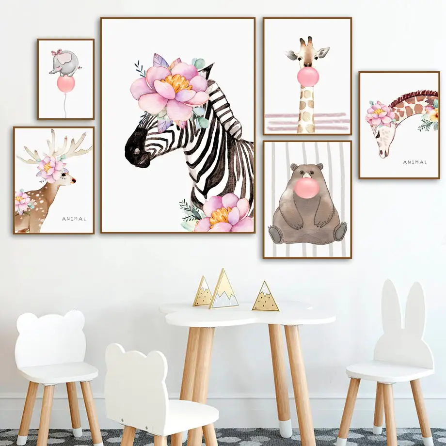 

Deer Bear Zebra Elephant Giraffe Flower Balloon Wall Art Canvas Painting Nordic Posters And Prints Wall Pictures Kids Room Decor