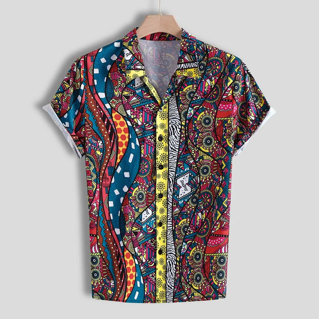 

Hawaiian Style Print Casual Shirts For Men Modis Short Sleeve Turn Down Collar Summer Chemise Ethic Social Top Blouse Homme #V