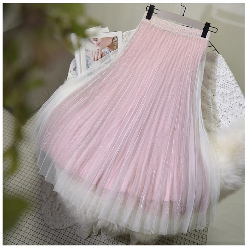 Women's 3 Layer Bright Tulle Skirt Ladies Korean High Waist Shining Tutu Skirt Pleated Mesh Midi Skirts Faldas Autumn