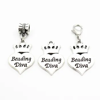 

New arrival 20pcs/lot silve beading diva heart crown pendant Metal lobster clasp Dangle Charms Fit DIY Necklace Bracelet Jewelry