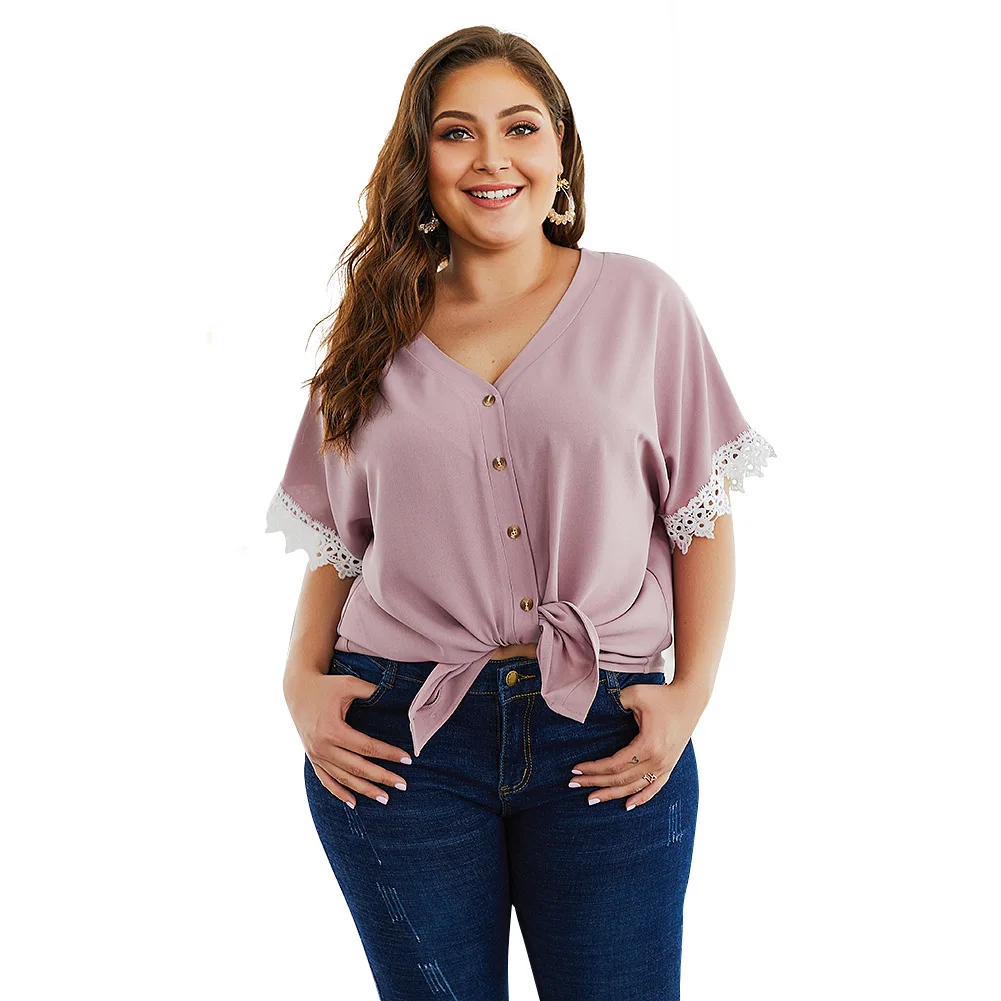

Plus size lace patchwork sexy V neck sweet solid pink blouses short sleeves slim casual streetwear button fashion women blouses