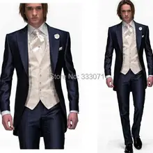 Мужские костюмы на заказ, облегающие, смокинги для жениха, темно-синие, на одной пуговице, лучшие мужские костюмы на свадьбу/выпускной(пиджак+ брюки+ галстук+ жилет