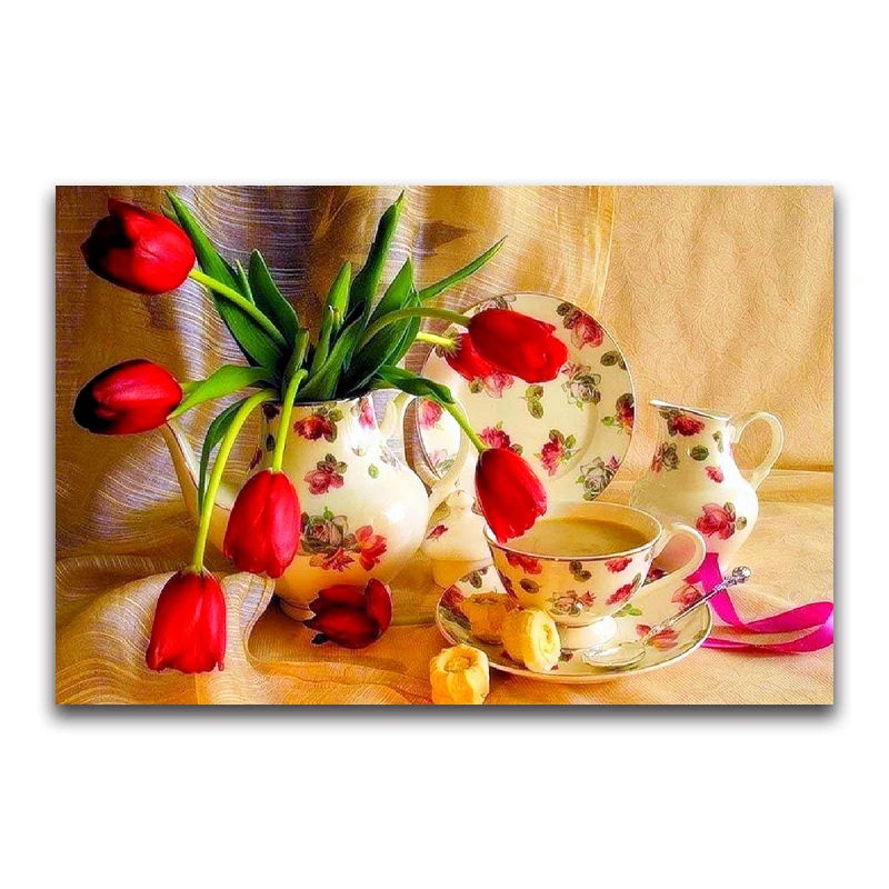 Full square Diamond painting Cross stitch tulip flowers vase full Diamond mosaic coffee cup 5D DIY Diamond embroidery store sign