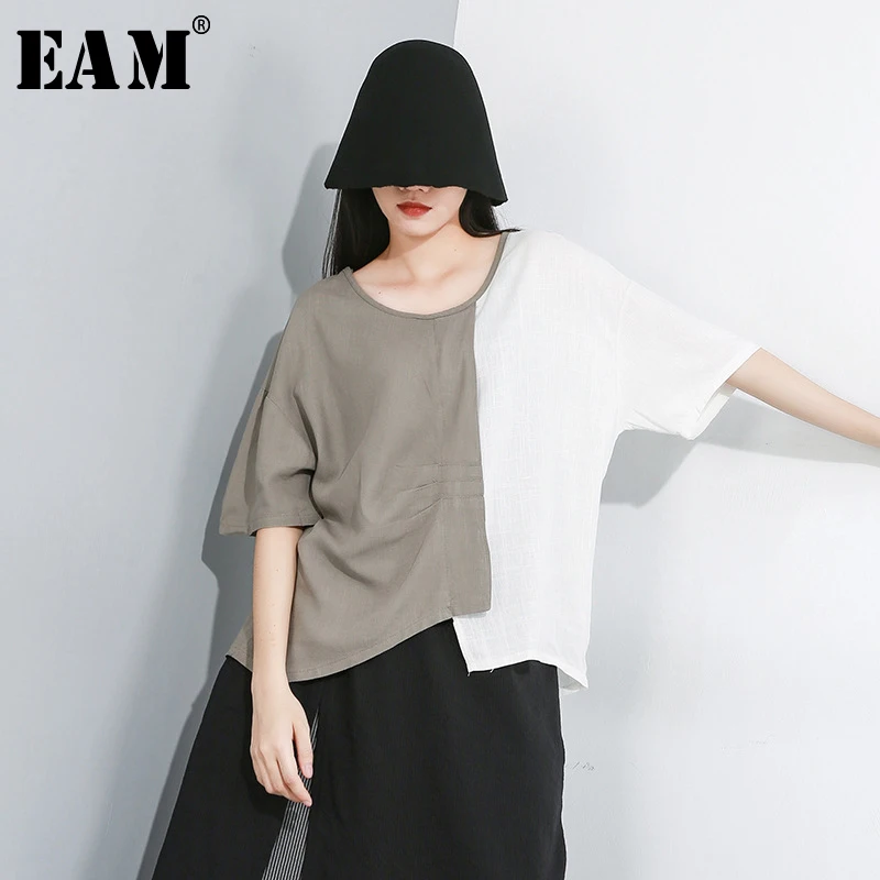 

[EAM] 2019 New Spring Summer Round Neck Short Sleeve Hit Color Gray Irregular Loose Big Size T-shirt Women Fashion Tide JX478