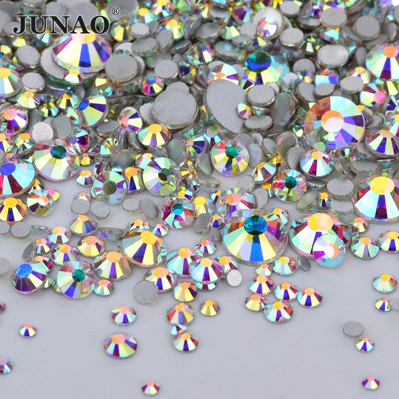  JUNAO 1440pc Mix 8 Size Shiny Crystal AB Glass Nail Rhinestone Flat Back Stone Nail Crystal Sticker