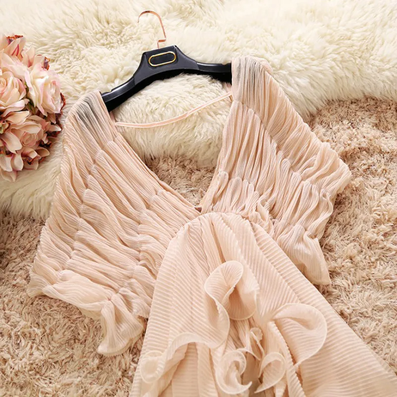 

Elegant V-neck Chiffon Blouses Multi-layers Ruffles Irregular Pleated Shirt Perspective High Waist Lotus Bat Sleeves Tops Blusas