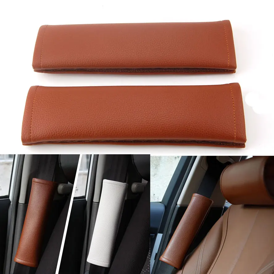 2pcs Brown Leather Universal Interior Seat Belt Shoulder Pads Cover