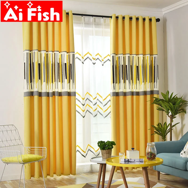 

Modern Simple Yellow Art Geometric Blackout Curtains For Living Room Nordic White Stripe Curtains Screen Bedroom Tulle MY031#40