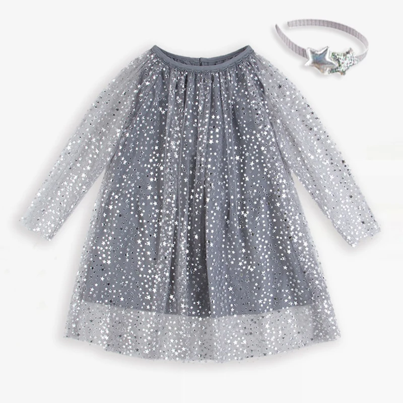 

Girls Dress Wedding Dress Princess Costume Shiny Baby Birthday Dress Doodle Silver Foil Print Shiny Stars Gray Yarn Dress