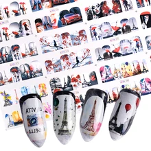 12 шт., для дизайна ногтей, для красоты, красная красочная Романтическая башня, наклейка с зонтиком, украшения для ногтей, водяные знаки, обертывания, подарок на день Святого Валентина, TRBN373-384