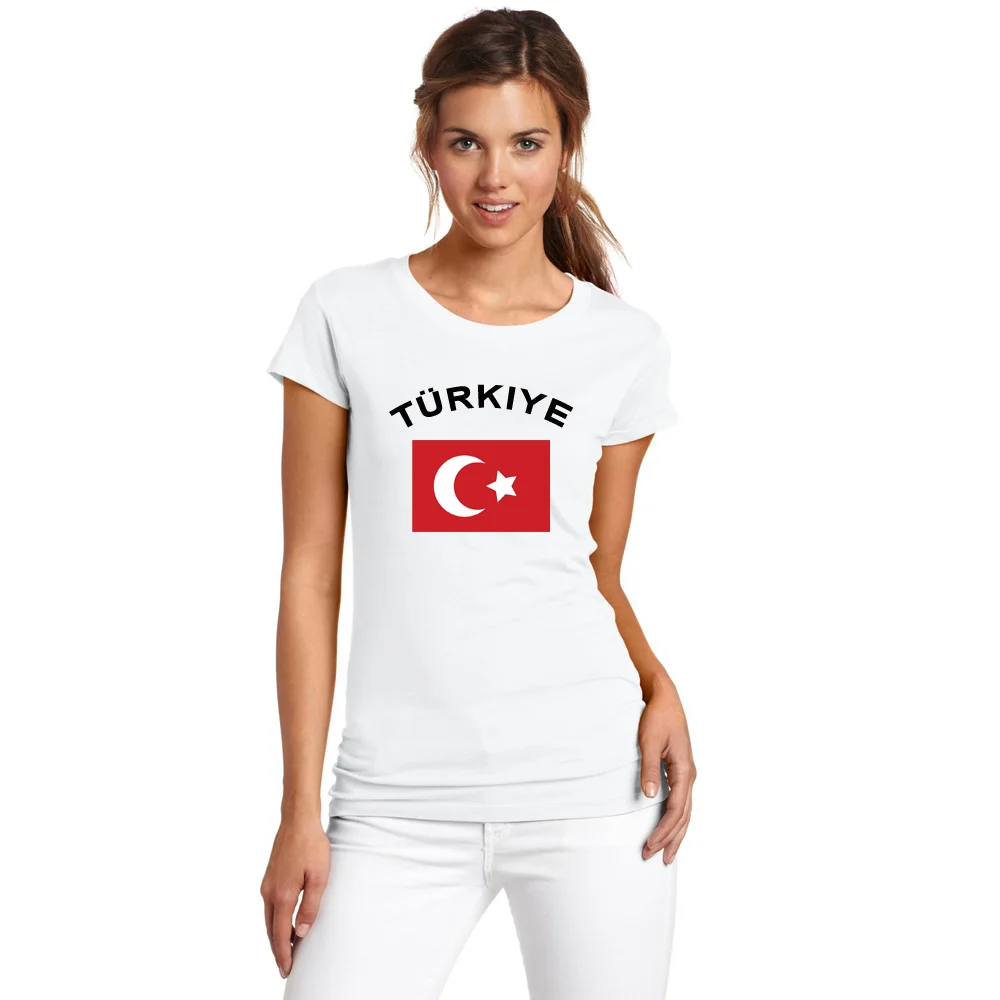 

BLWHSA Turkey Women Fans Cheer 100% Cotton T Shirt Fashion O-neck White Color National Flag Summer T-shirt For Women