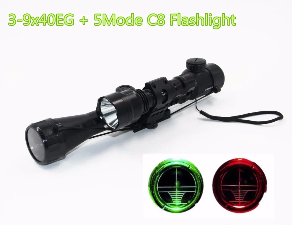 

Illuminated 3-9x40EG Rifle Scope + CREE T6 LED Hunting Flashlight 5Mode C8 Torch Flash Light for Riflescope Hunting