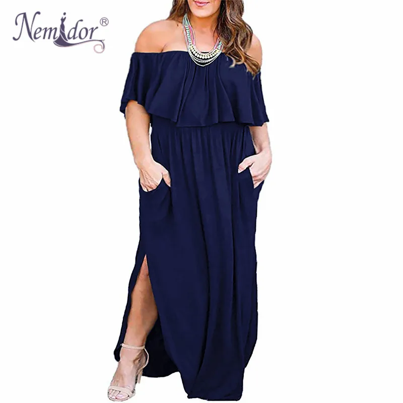 Nemidor Women's Upper Flounce Layer Off Shoulder Plus Size Slit Maxi Dress with Pocket (1)