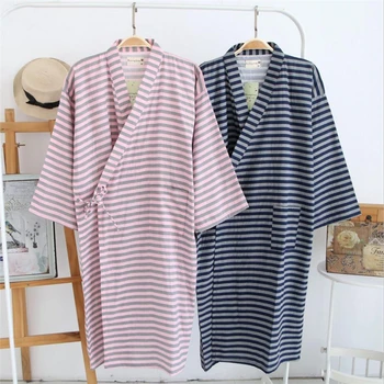 

2020 Vintage striped Mens bathrobe cotton sleepwear kimono male dressing gown loose casual home robe with pocket