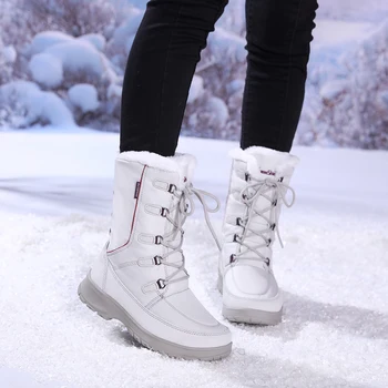 

Winter Waterproof Thigh High Boots Women Fashion Luxury Brand Nylon Rubber Boots Womens Lace Up Warm Long Black Snow Boots Woman
