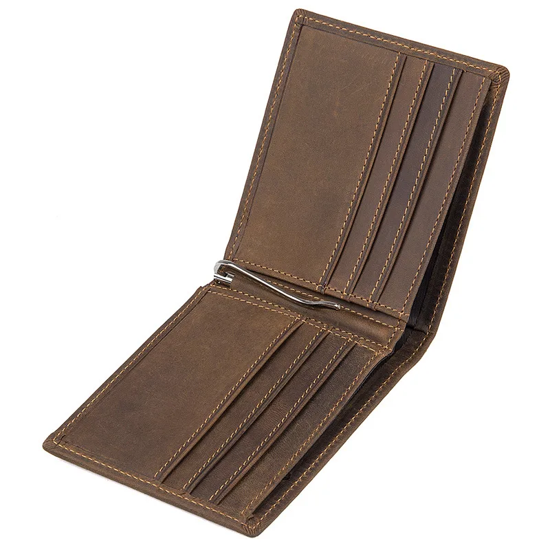 Ceny RFID prawdziwej skóry szalony koń Vintage klip do pieniędzy dla mężczyzn Bifold mężczyźni portfele torebka mężczyzna z metalowy klips karty kredytowe Hoders # J8166