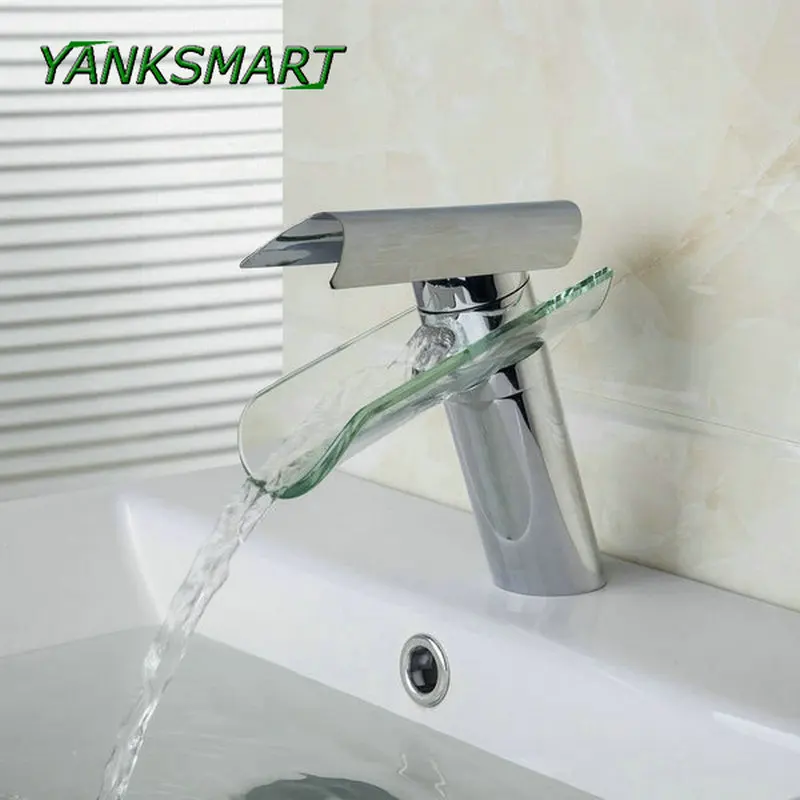 

YANKSMART Waterfall Spout Glass Deck Mount Single Handle Chrome Bathroom Bamboo style Faucets Mixer Tap