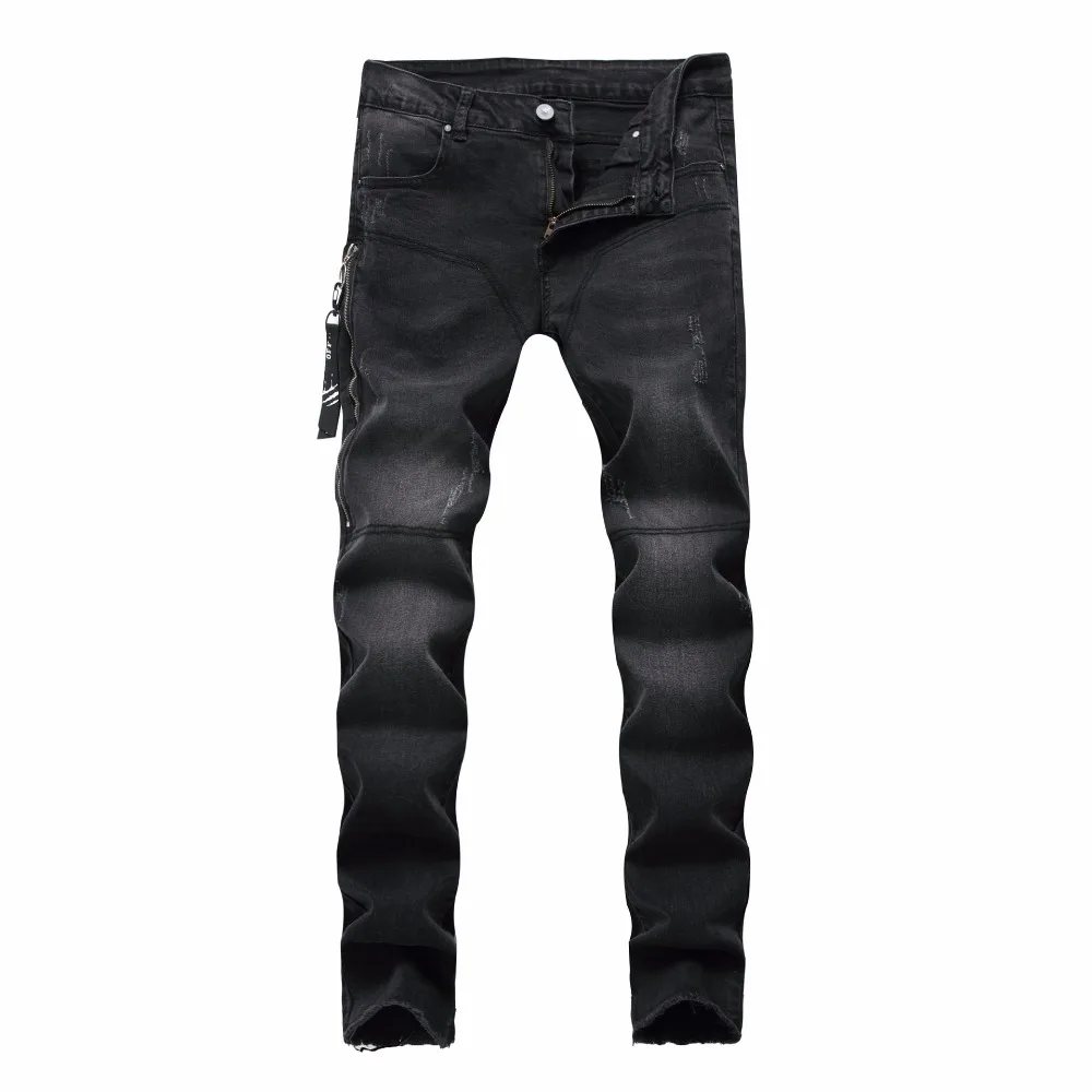 

2018 New Fashion Black Denim Jeans For Men Side Zipper Straight Designer Slim Trousers Jeans Homme